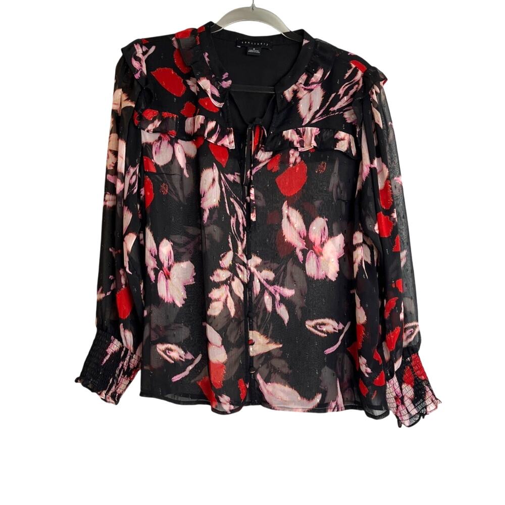 Sanctuary Dark Floral Sheer Metallic Button Front Blouse Size M Fairy Whimsigoth